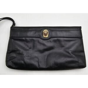 Vtg Ruth E Saltz Black Black and Gold Jaguar Leather Clutch with Hand Strap